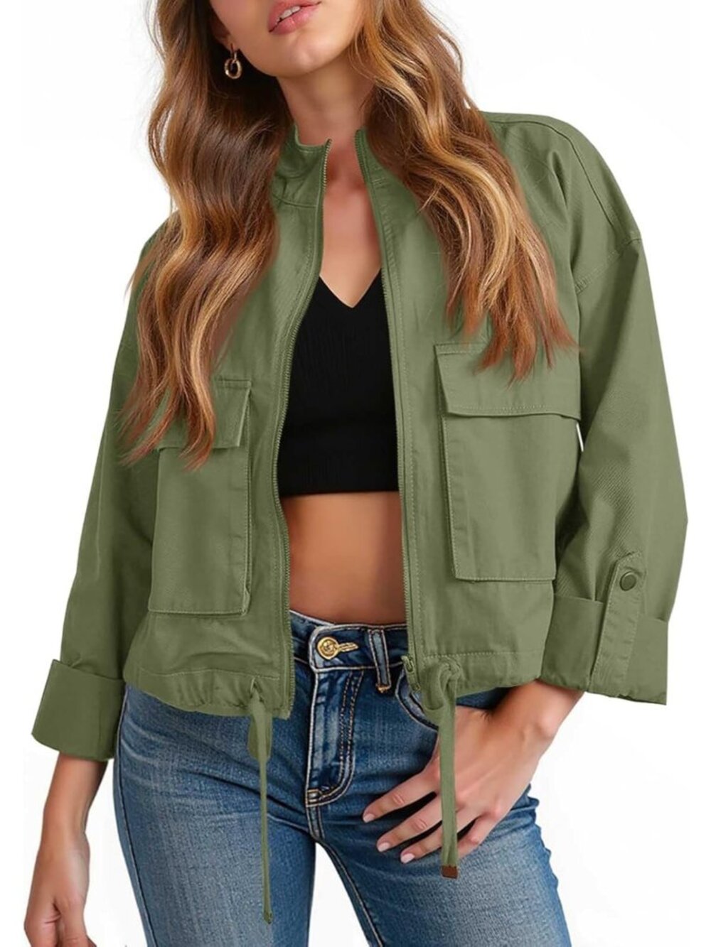 Womens Army Green Mock Neck Flap Pockets Long Sleeve Zip Up Cropped Jackets